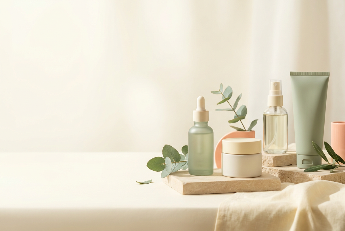Butter cream and sage skincare hero banner with products on the right and clear space on the left